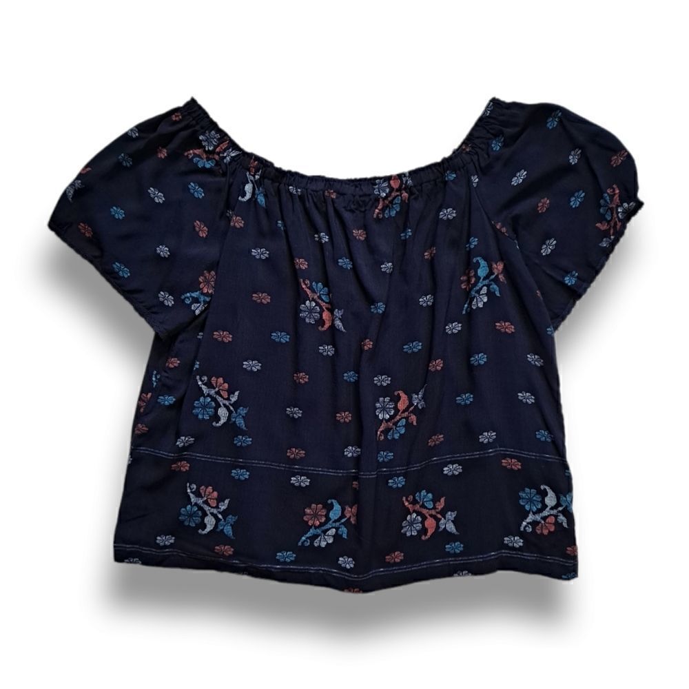 Beltaine Off the Shoulder Top Navy Blue Floral Medium - Picture 2 of 6